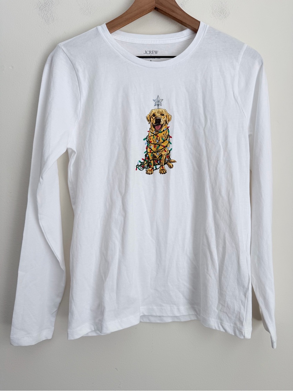 J. Crew Collector Tee White Christmas Golden Retriever Long Sleeve S